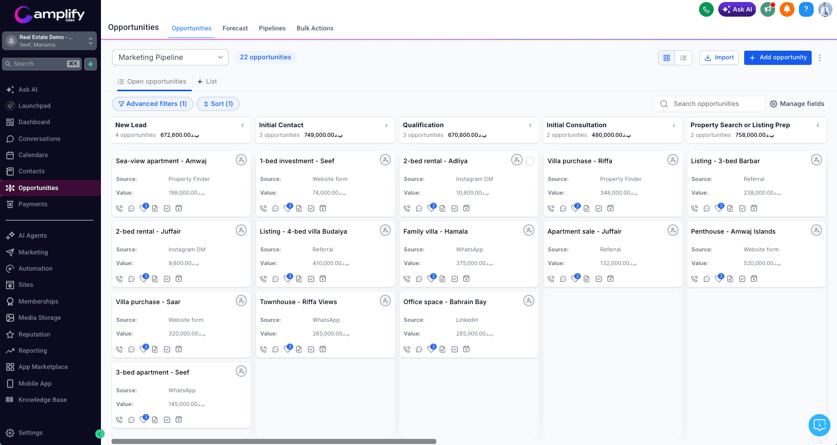 Amplify CRM opportunities board with property enquiries across six pipeline stages